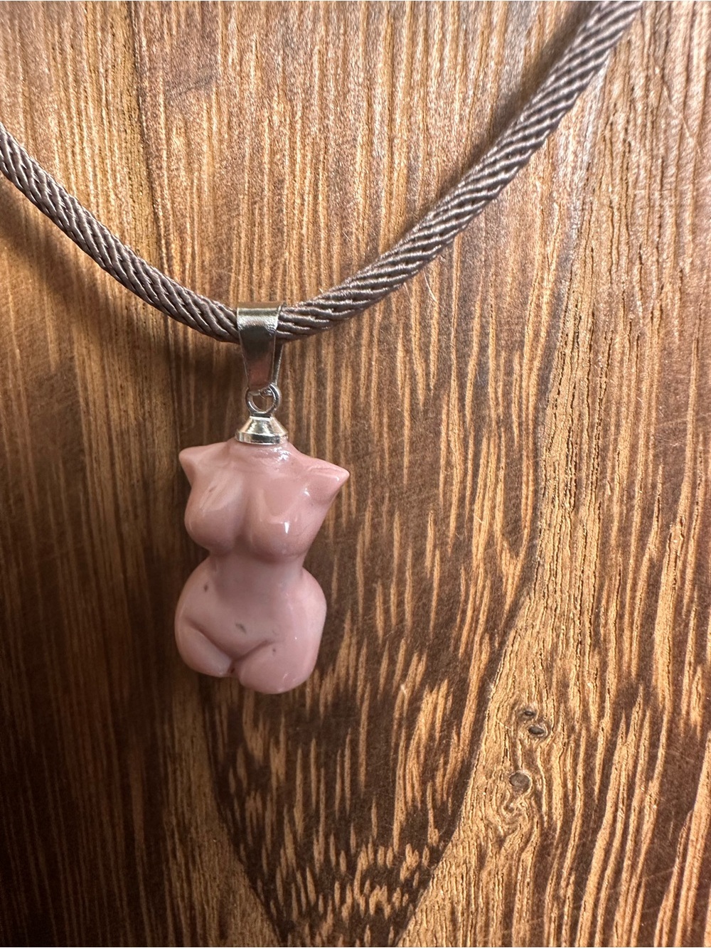 Mini Light Pink Alashan Agate Lady Body Carving Pendant Necklace on Brown Rope - Picture 11 of 16